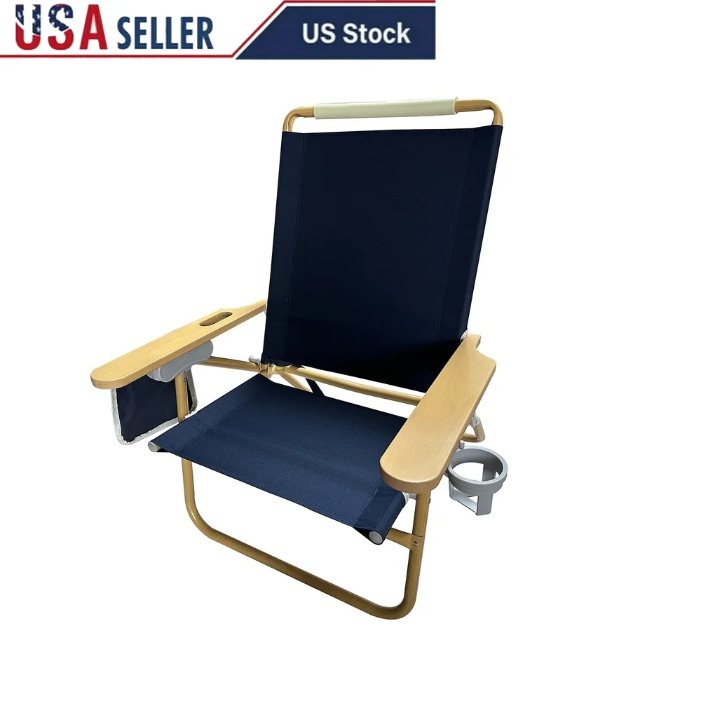 

Durable Aluminum Beach Chair with Reclining Positions Wood Armrests Drink Holder Lightweight Portable Outdoor Relaxation