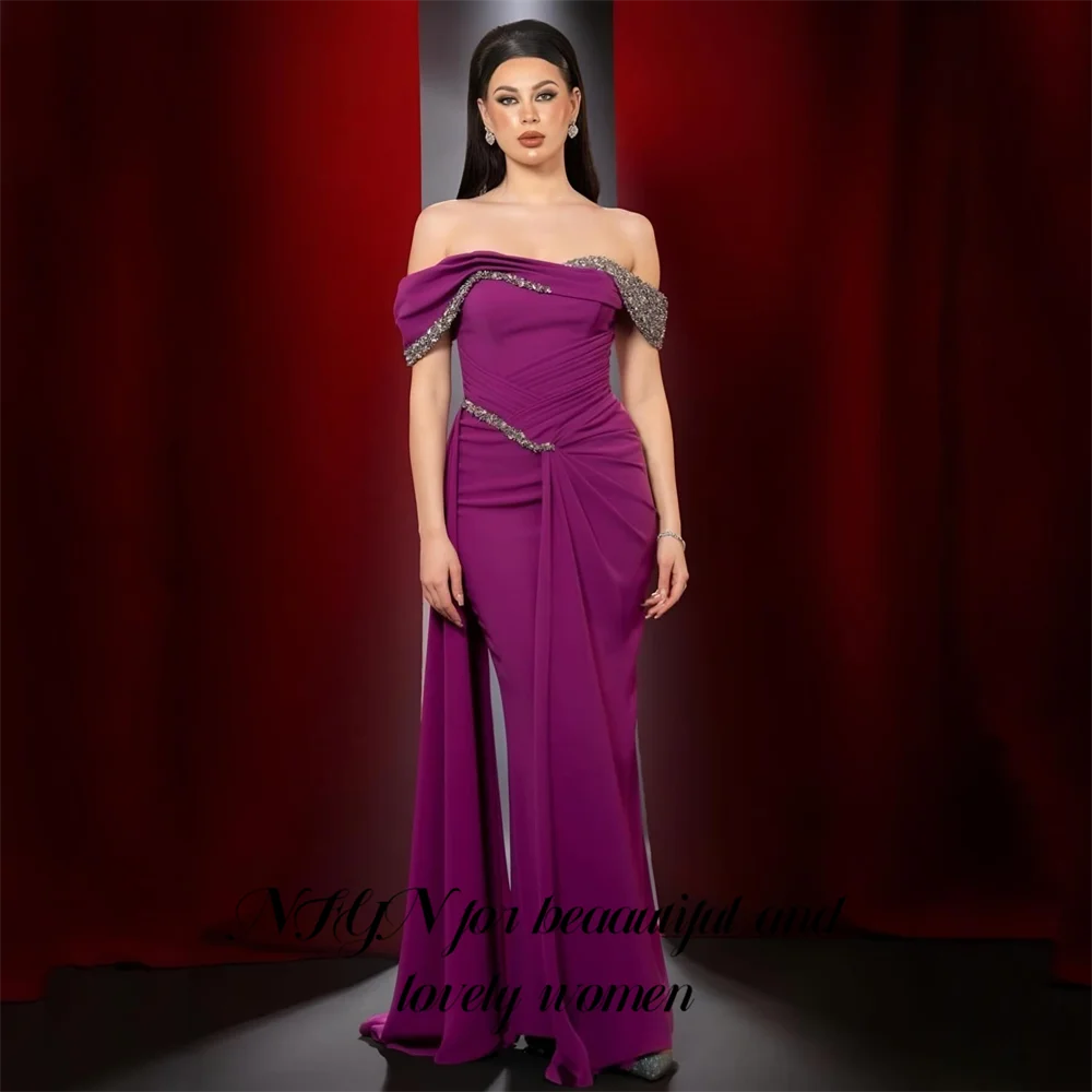 

NFYN Пурпурные платья для выпускного вечера с открытыми плечами, праздничное платье русалки с хрустальными украшениями, вечернее платье в Саудовской Аравии по индивидуальному заказу