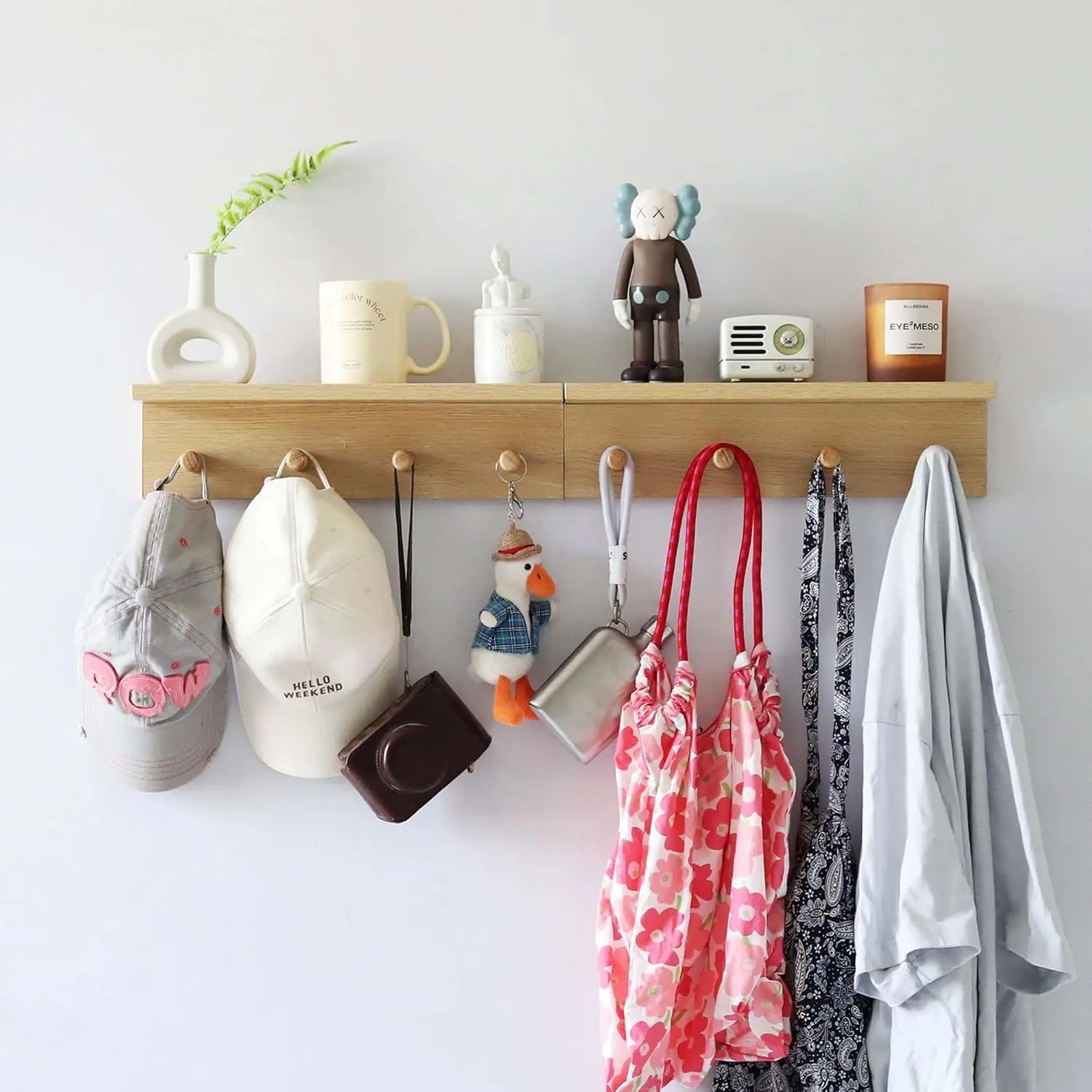 

Oak Wooden Wall-Mounted Coat Rack with Hooks and Shelves, Perfect for Entryway Organization
