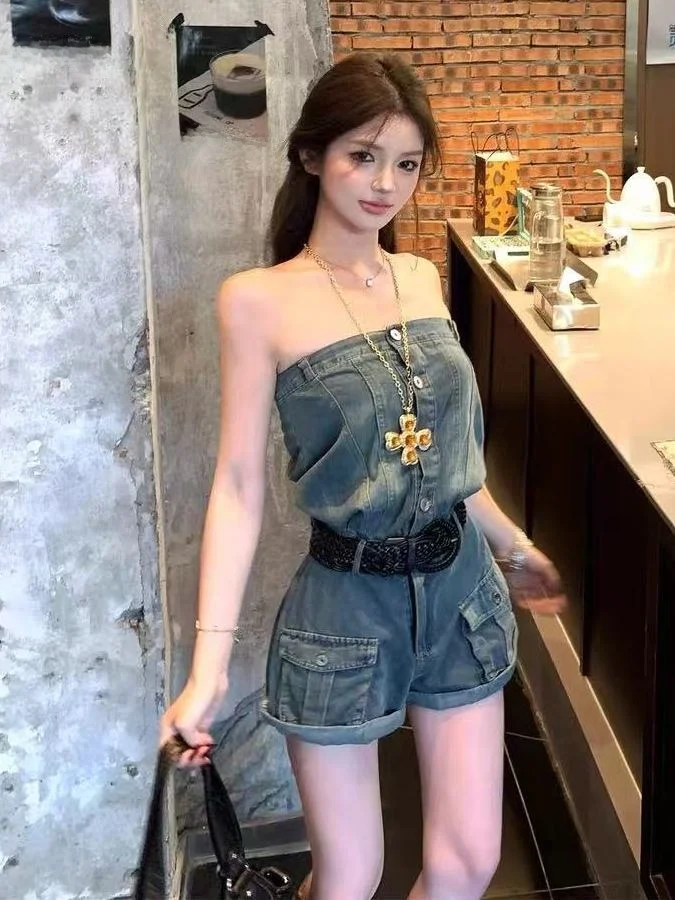 

Летний женский комплект ort Sve Denim Rer, модный укороченный топ маленького размера, комбинированный хлопковый круглый комплект на пуговицах