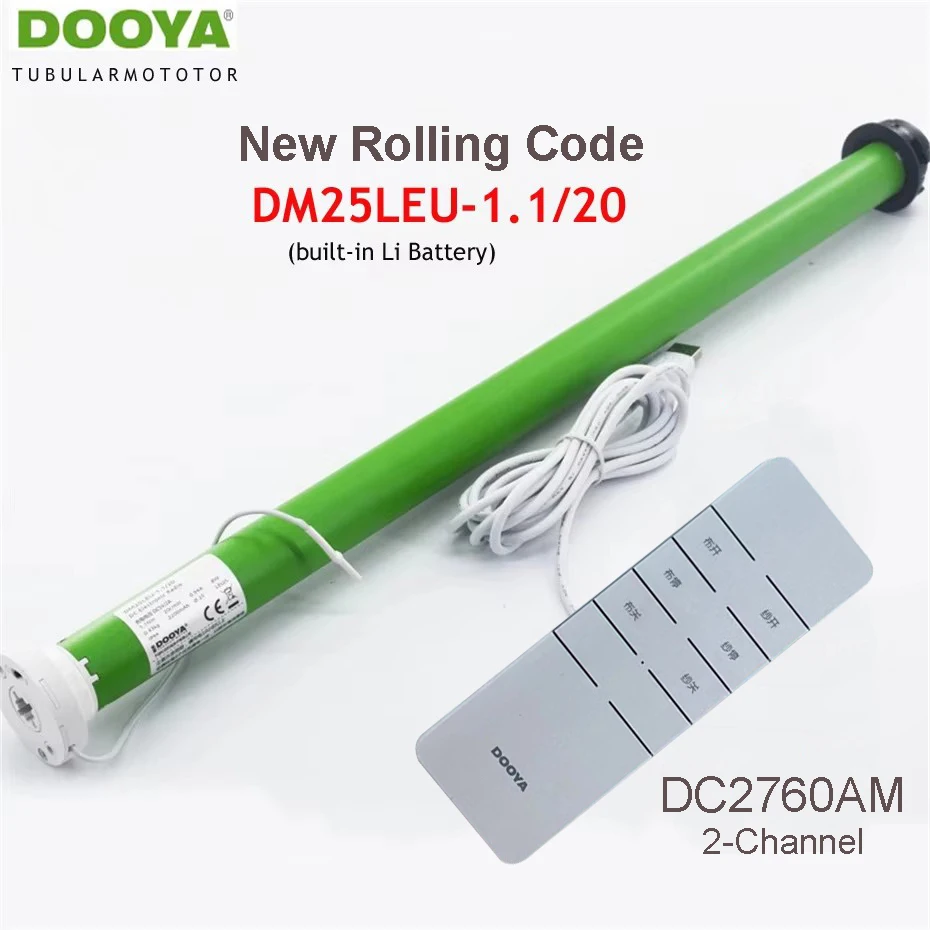 DOOYA DM25LEU Tubular Curtain Motor Built-in Li Battery USB Charge RF433 Remote Rolling Blinds for Dia.38mm Tube,Bundle Optional