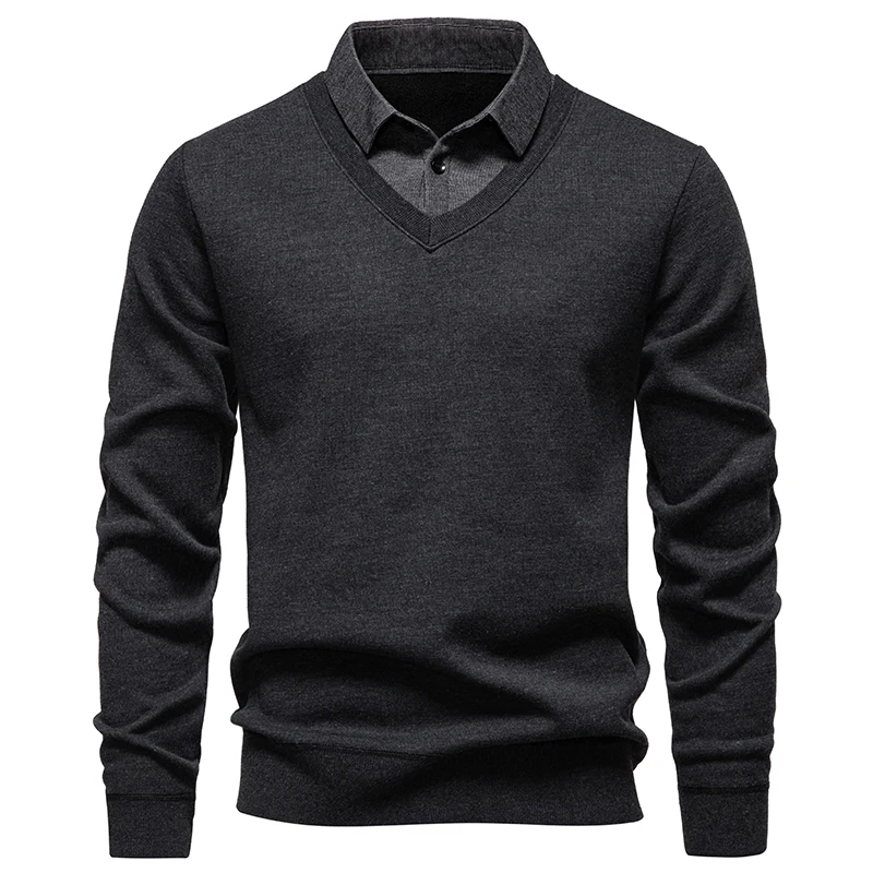

Men's Faux Two-Piece Knit Sweater, Elastic Fabric, Winter New Thickened Casual Pullover, Suitable for Cold Weather, Daily Wear