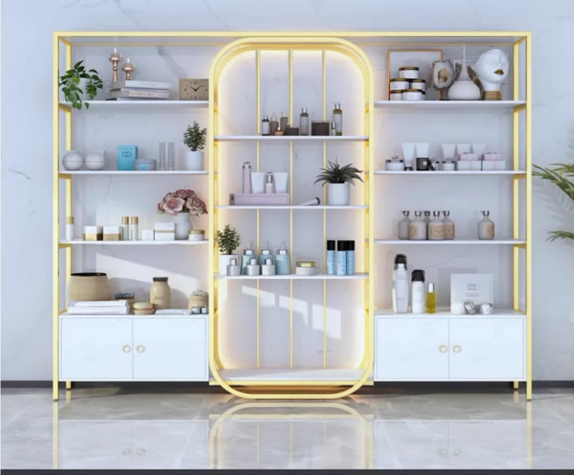 Cosmetics beauty salon skin care products display cabinet Nail makeup store shelves Hair health club live storage rack