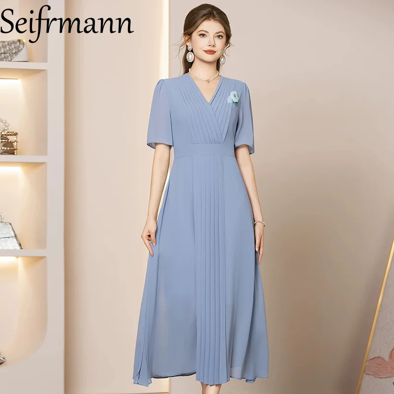 Seifrmann Solid Color Simple Dress V Neck Short Sleeve Waist Long Dress 2026 Summer Fashion New Style