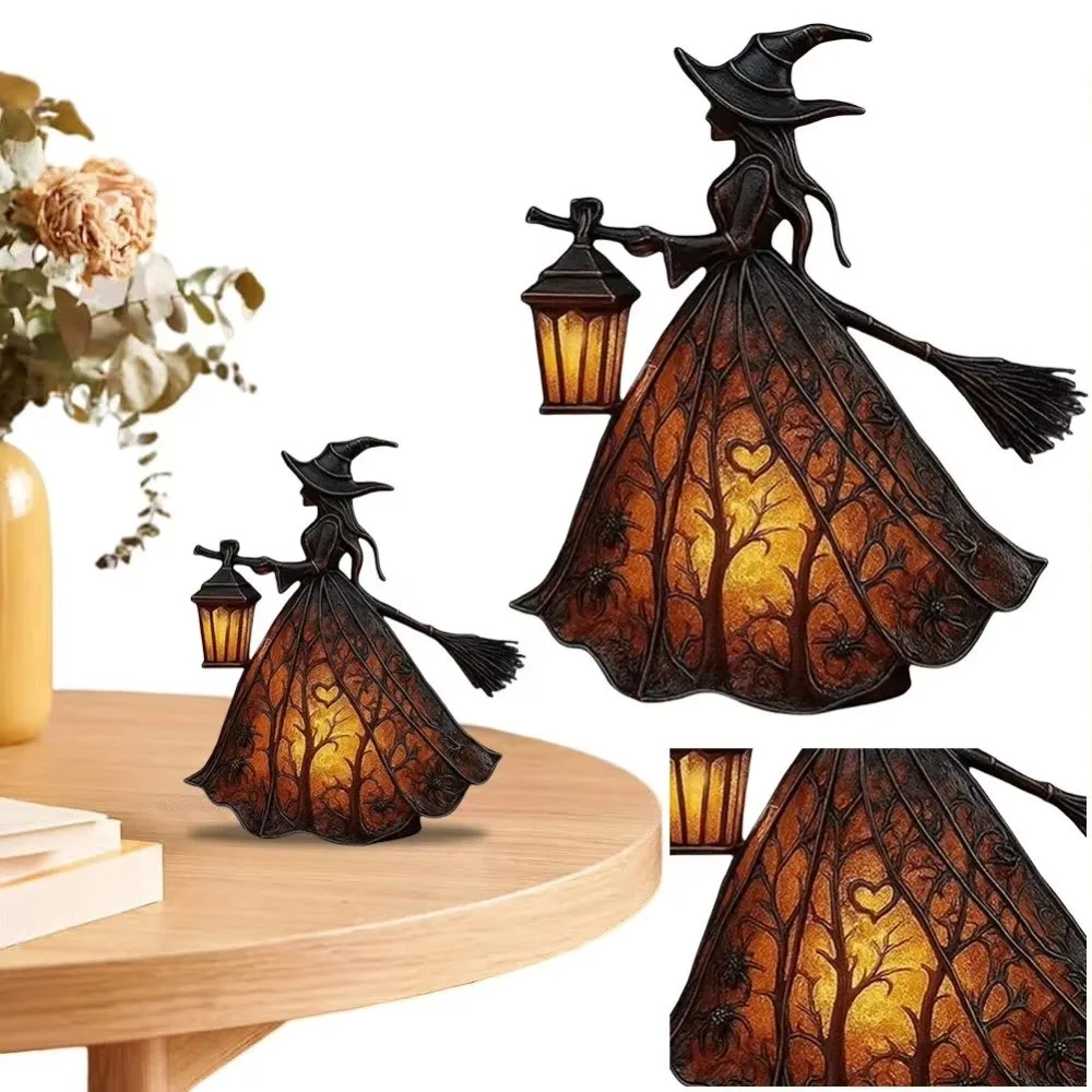 16cm Halloween Witch Lamp Standing Design Scary Broomstick Witch Statues Unique Funny Holiday Decorative Lamp Halloween Party