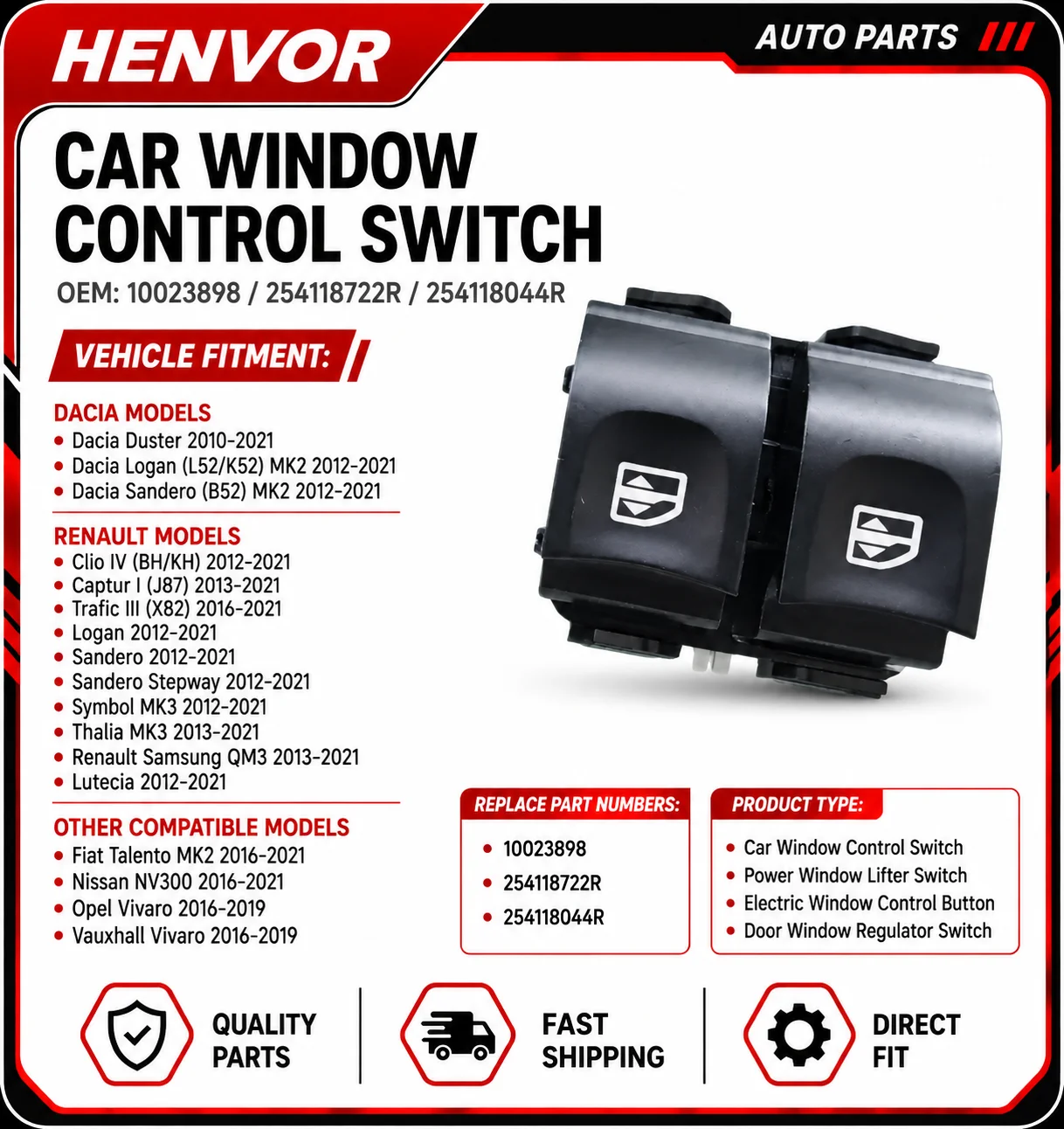 Car Window Control Switch 10023898 254118722R 254118044R For Renault Clio IV Captur Trafic III Dacia Duster Logan Sandero