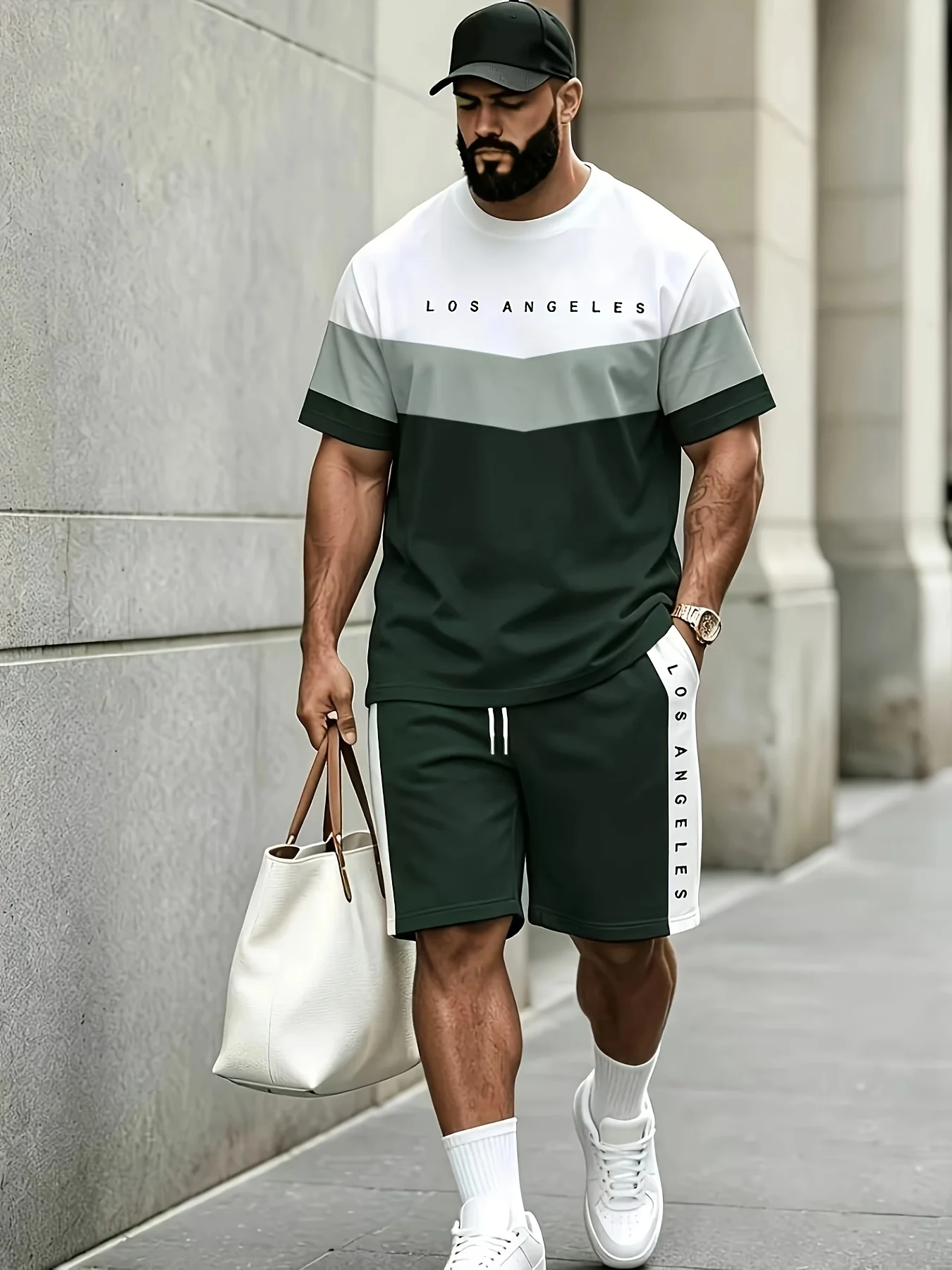 Plus-size Casual Men's Suit Clothing Men's Striped Printed T-shirt and Shorts 2-piece Set Breathable Loose Men's Matching Set