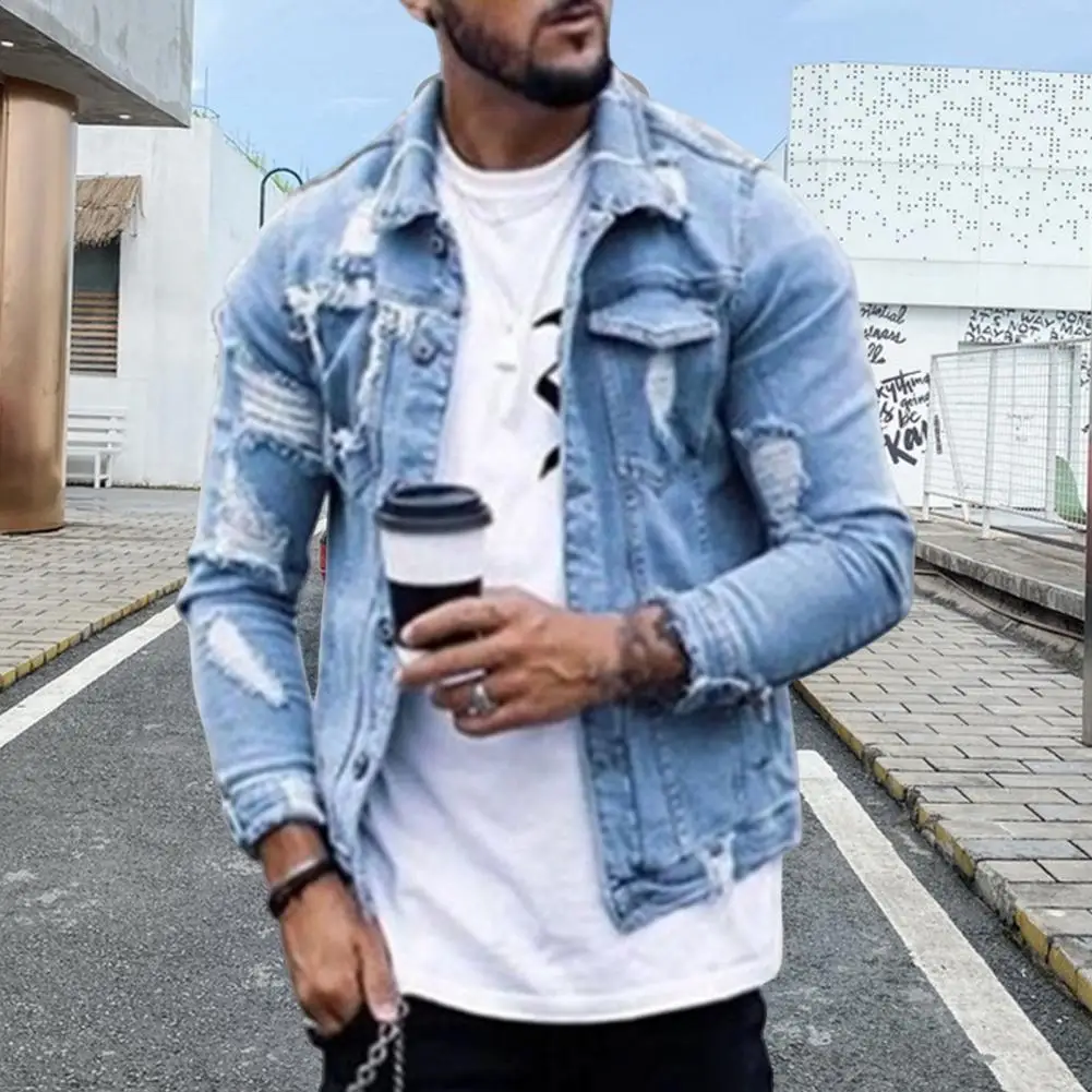 Cool  Stylish Ripped Washing Jeans Coat Spring Autumn Denim Jacket Long Sleeve   for Travel