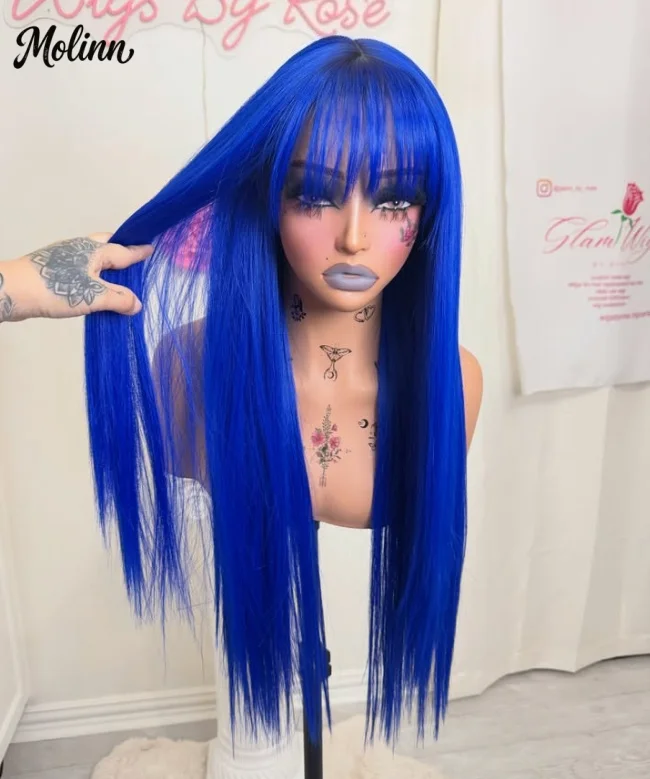 Bangs Blue Wig Bone Straight Lace Front Wig 13x4 HD Pre Plucked Glueless Synthetic And Blend For Women Cosplay On Clearance Sale