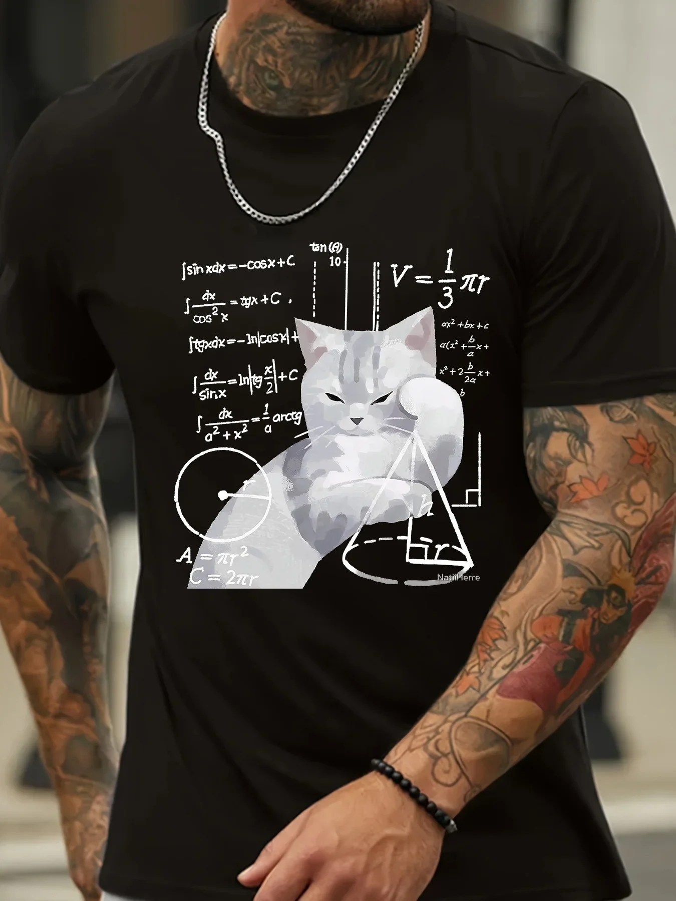 

Men's Casual Cotton T Shirt Short Sleeve Round Neck with Unique Cat Math Print Perfect for Summer Outings Sports