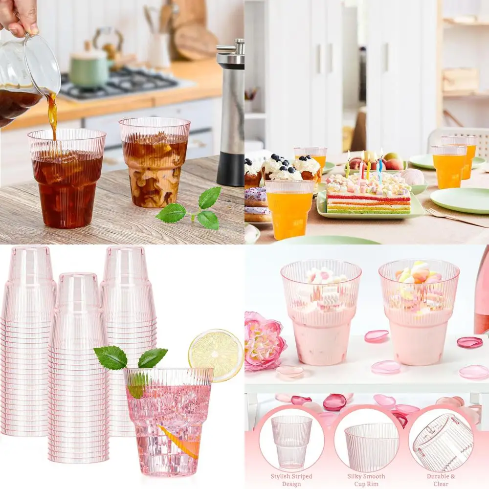 

100 шт. розовых пластиковых бокалов для вина с ребристой поверхностью, 414 мл – одноразовые стаканы для мартини для свадеб и мероприятий