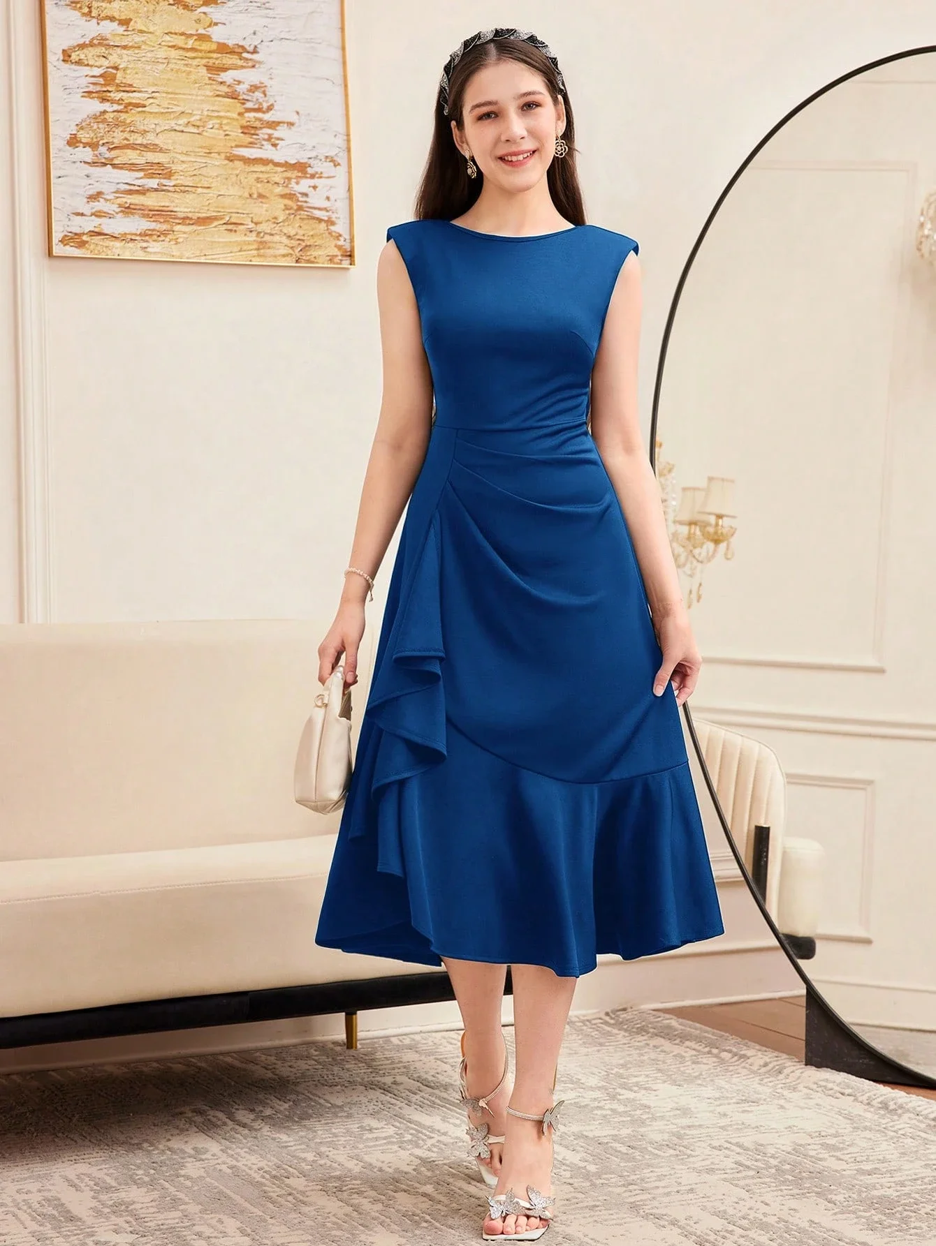 

Однотонное платье без рукавов с рюшами для женщин, элегантное вечернее платье для вечеринок