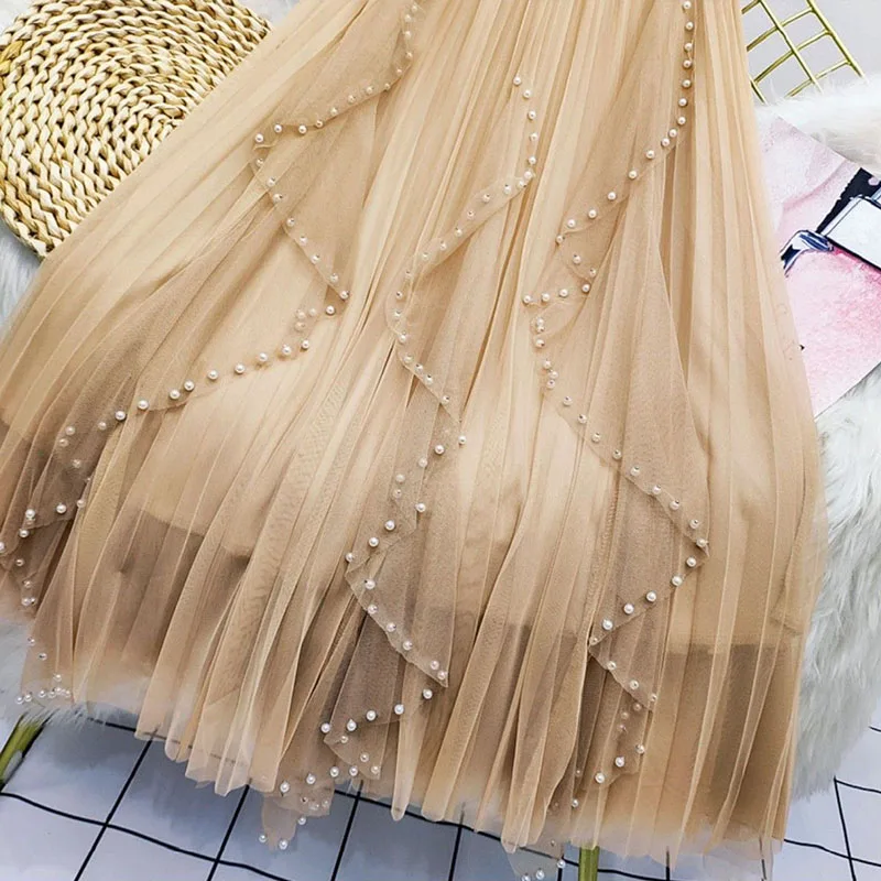 Fashion Beading Tulle Skirts Womens 2023 Summer White Elastic High Waist Mesh Skirts Long Pleated Tutu Skirt Female Jupe Longue