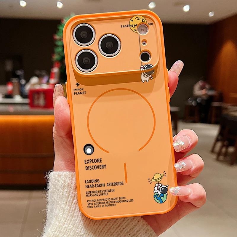 Little Astronaut Pattern Magnetic Phone Case For iPhone 17 16 15 14 13 Pro Max For Magsafe Wireless Charge Lens Protect PC Cover