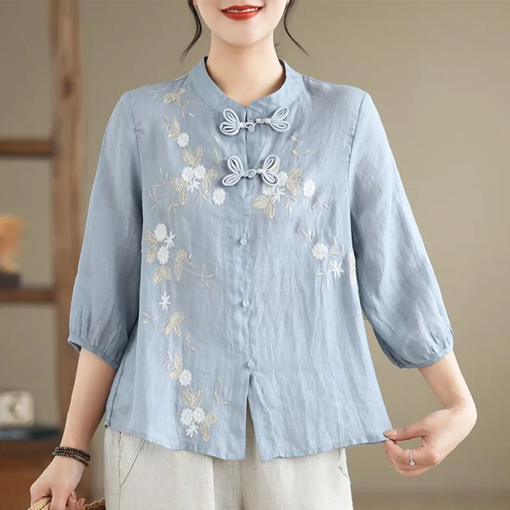 Women's Summer Chinese Style Frog Button Cotton Linen Three‑quarter Sleeve Shirt, Embroidery Stand Collar Loose Thin Blouse