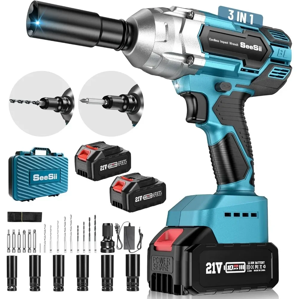 Brushless Power Impact Wrench, Cordless, 1/2 inch Max High Torque 479 Ft-lbs, 3300RPM w/ 2x 4.0 Battery, 6 Sockets,9 Drill