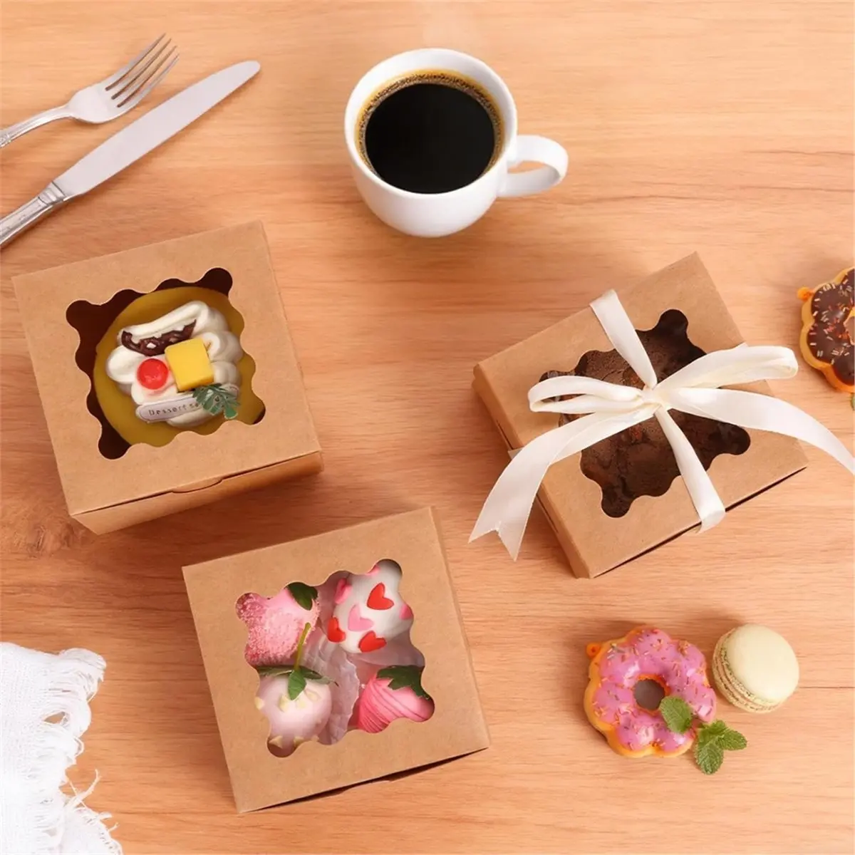 50pcs Bakery Boxes with Window, 4x4x2.5 Inches Brown Cookie Boxes Kit for Small Pastries, Cookies Treats and Desserts