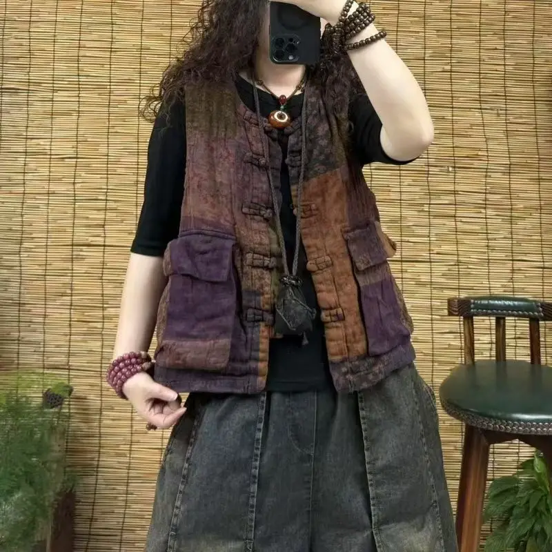 Automne hiver coton mélange dames Svel lin gaze Vintage artistique ethnique Sle taille unique ajusté rétro Sle gilet