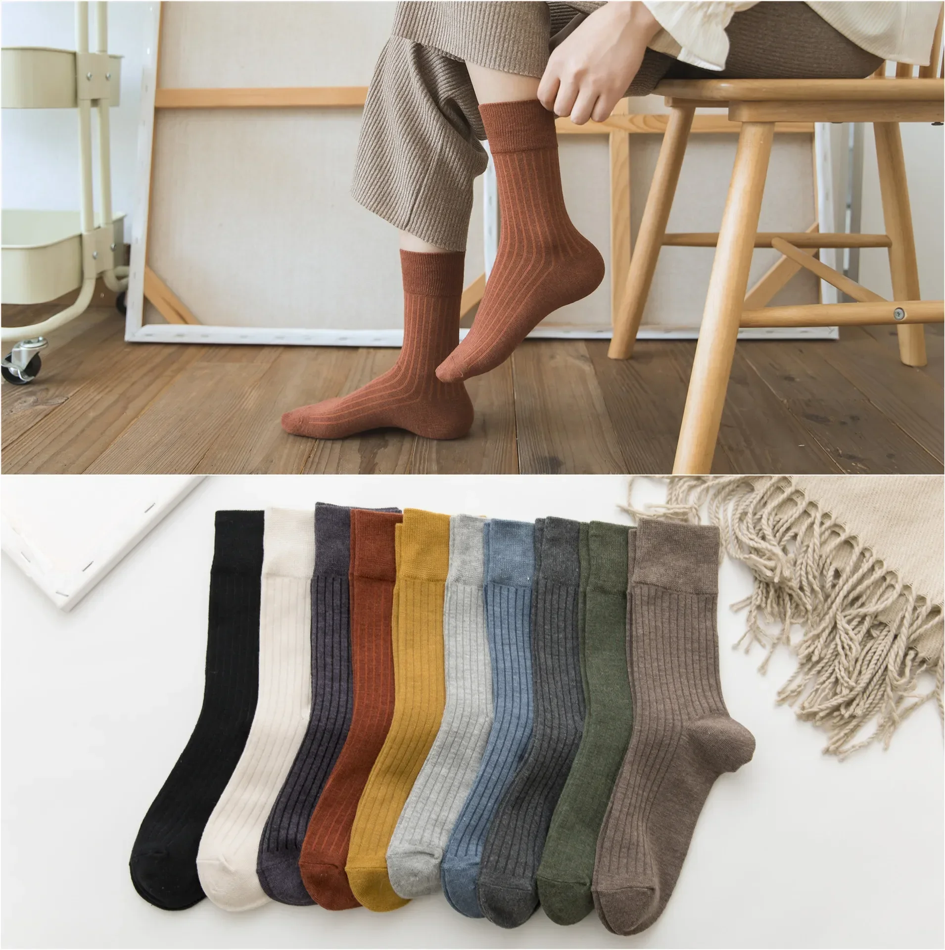 Cotton Socks Women Winter Solid Color Black White Yellow Green Blue Colorful Floor Socks Harajuku Retro Casual Crew Sports Socks