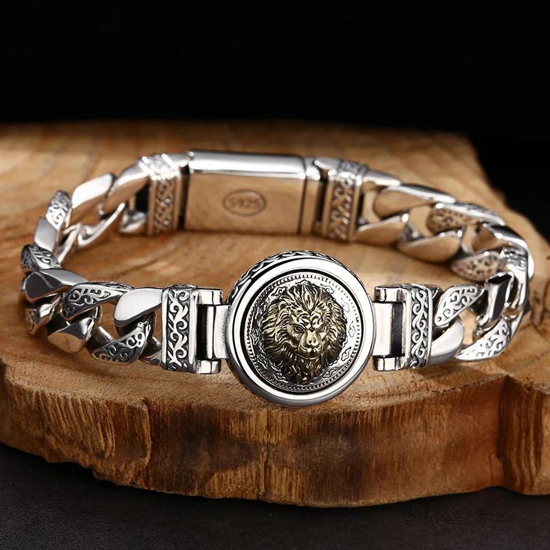 S925 Sterling Silver Tank Bracelet 11mm Old Process 21CM Heavy Body Lion Unisex Vine Design Fine Jewelry FYBT141