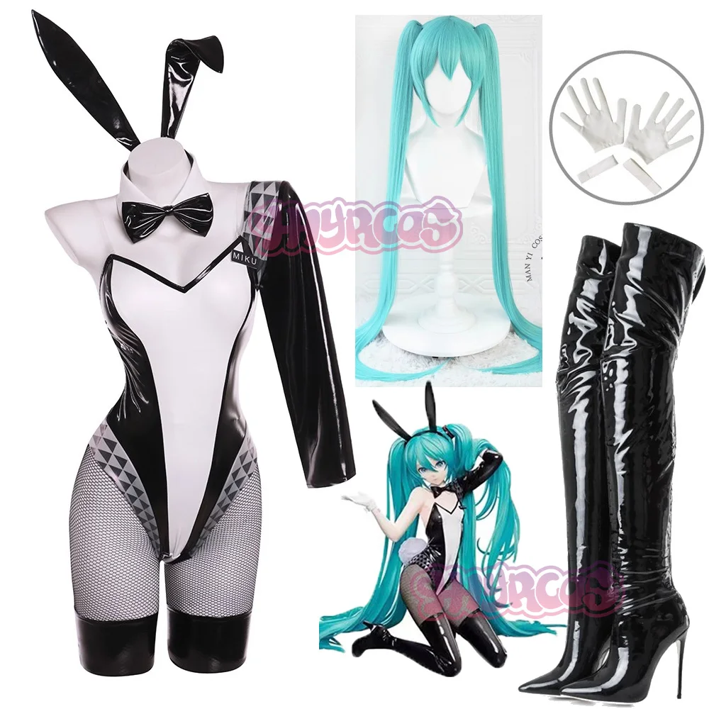 Mikkuuu Bunny Girl Cosplay Kostüm Frauen Elastisches Leder Stoff Sexy Cosplay Bunny Anzug Weiß Schwarz Overalls Perücke Schuh Halloween