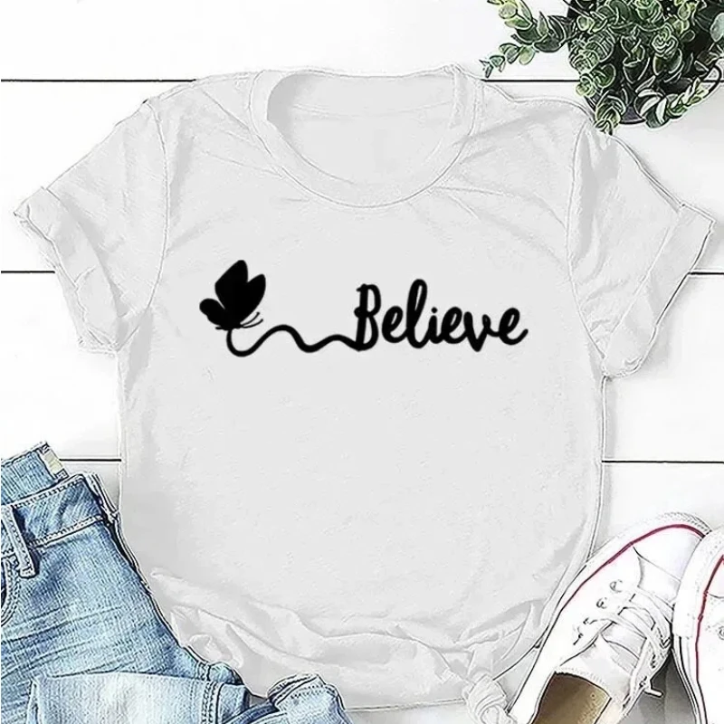 T-shirt à manches courtes et col rond pour femme, tissu imprimé papillon, doux et facile à nettoyer, haut ample et confortable, vêtements pour femmes