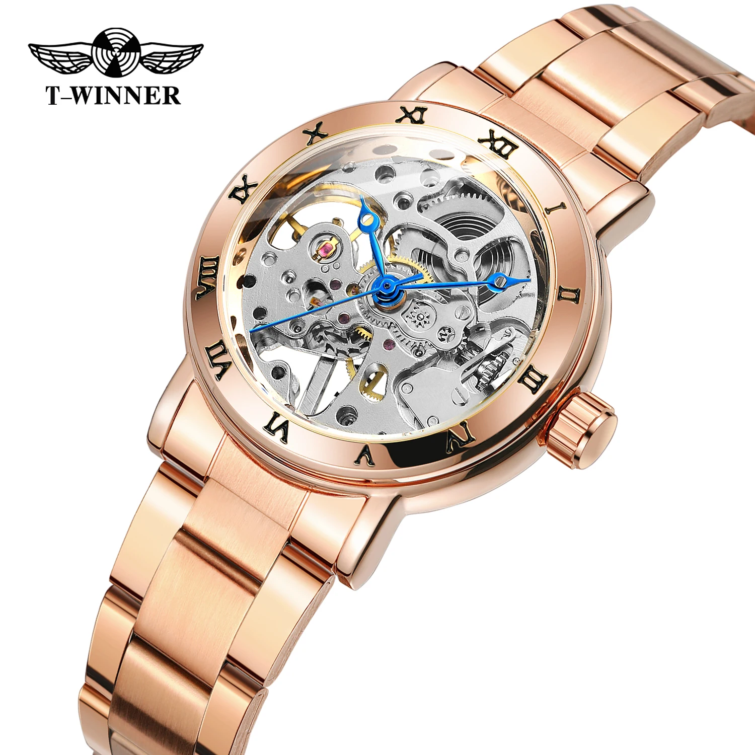 T-WINNER Luxury Brand Women's Watches Skeleton Mechanical Wristwatches Roman Numerals Bezel Stainless Steel Fashion Ladies Clock