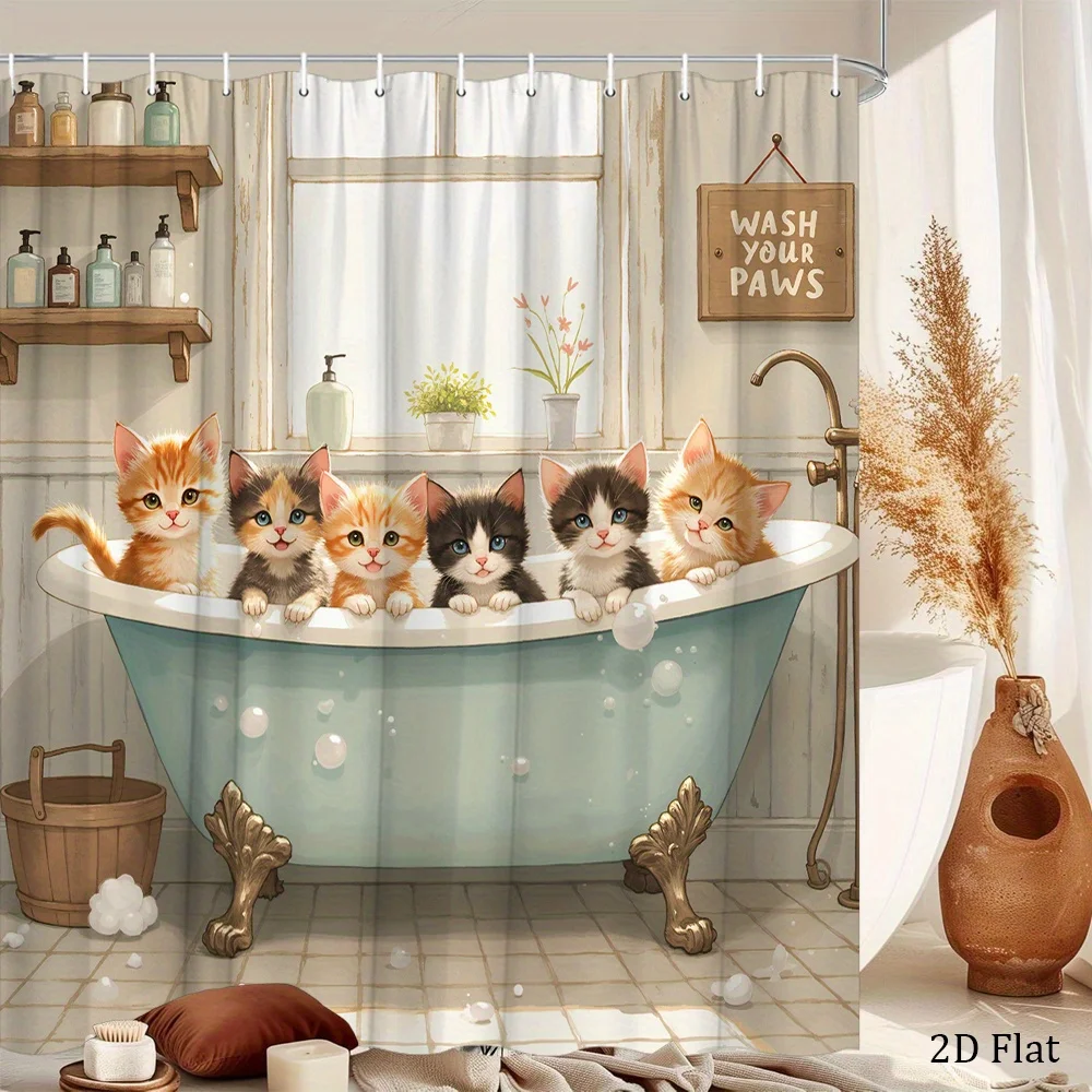Cute Kitten Bathtub Scene Shower Curtain Machine Washable All Season Waterproof Privacy Protection Cartoon Design Kids 12 hooks