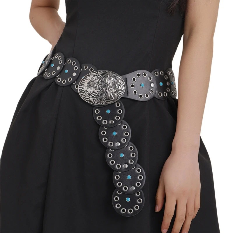 

Y166 Subcultures Belt for Women Fashion Hollowed PU Leather Belt Ethnic Eyelets Waistband for Dress 2000s Girl Waist Decors