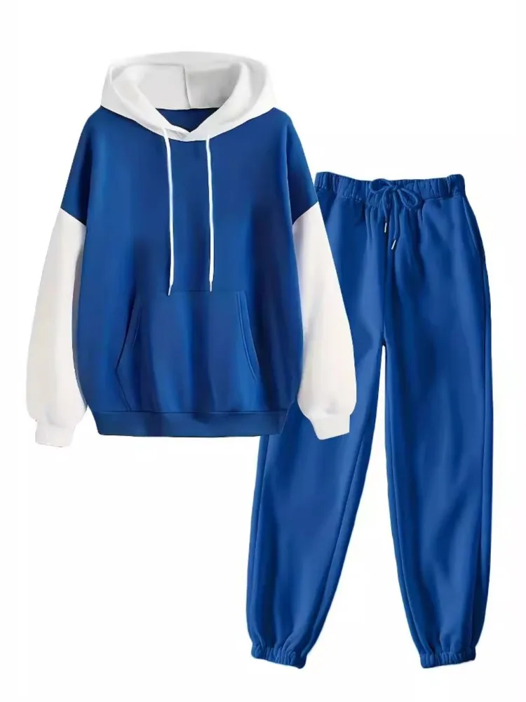 Mujer Otoño Invierno nuevo traje con capucha de bloqueo de Color sudadera bolsillo moda elegante Casual vacaciones trajes de dos piezas Mujer