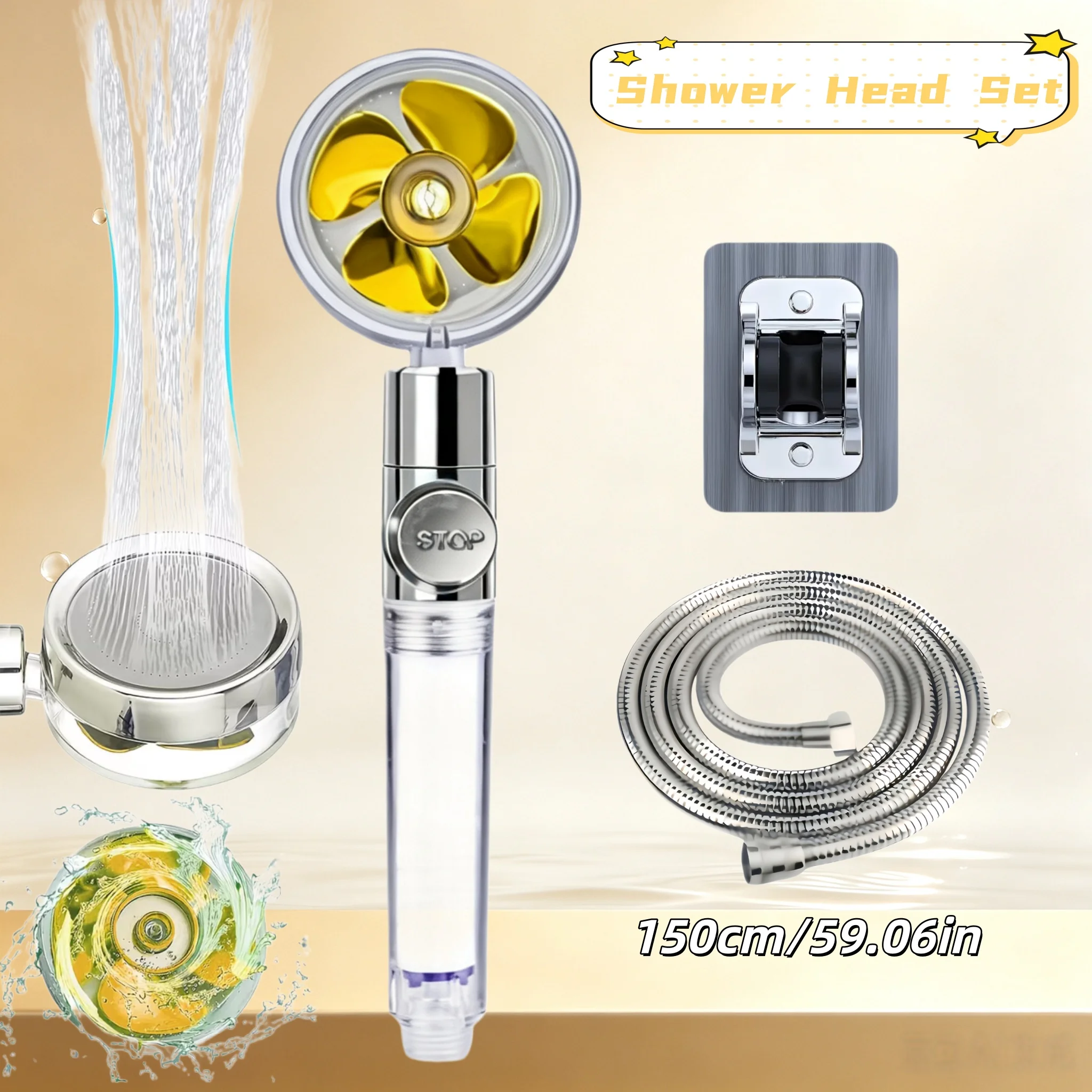 Douche haute pression Gold Fan 360 °   Tuyau d'arrosage rotatif argenté à arrêt rapide, économie d'eau, fixation sans perçage, pour maison et camping-car