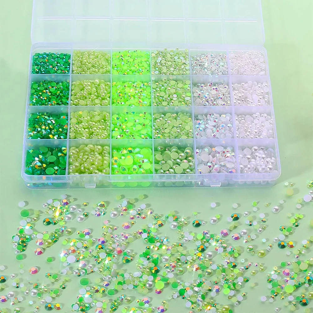 12000 Uds. Diamantes de imitación de perlas con parte posterior plana verde, diamantes de imitación de resina para manualidades, zapatos, uñas, arte facial con crayón de pinza