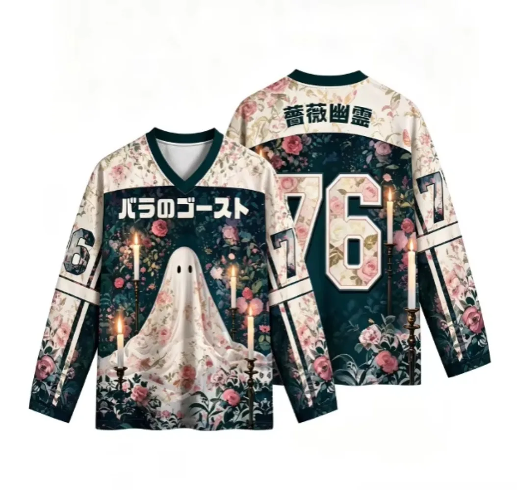 Haut sportif Y2K à manches longues, imprimé 3D, motif fantôme blanc et fleurs, col en V, pour hommes et femmes, printemps-automne, tendance, respirant, séchage rapide