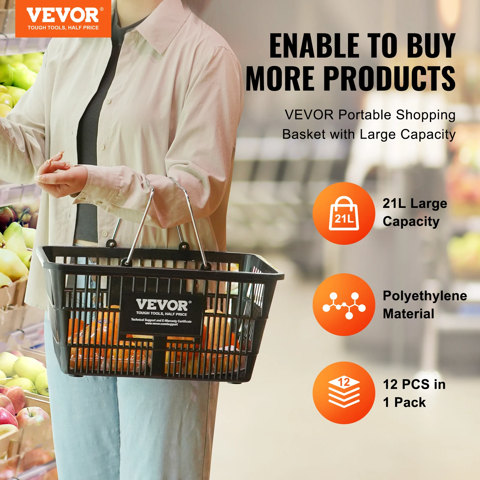 VEVOR 12PCS Shopping Basket 21L with Metal Handle & Stand Portable Plastic Shop Grocery Basket for Store Supermarket Grocery