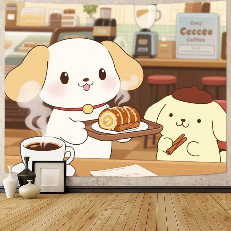 

1 шт. гобелен Sanrio Pompompurin & Friends Cafe, настенное искусство Kawaii Cute Dog Coffee Shop, эстетический декор для спальни, гостиной, общежития G