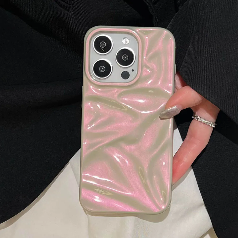 حافظة هاتف ملونة أرجوانية وردية لامعة متجعدة لهاتف آيفون 16 15 14 Plus 13 12 Pro Max 11 غطاء خلفي ناعم مقاوم للصدمات