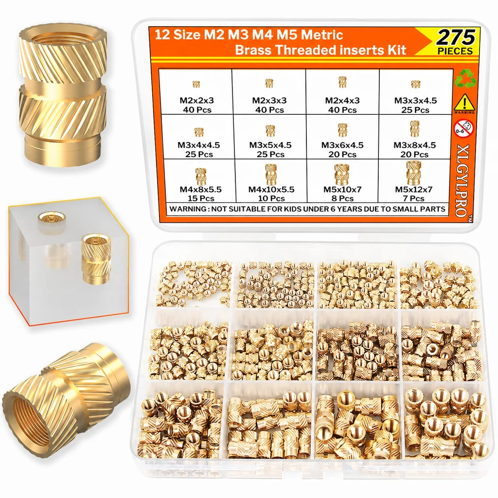 XLGYLPRO 275-Piece Threaded Insert Kit - M2 M3 M4 M5 Brass Knurled Nuts