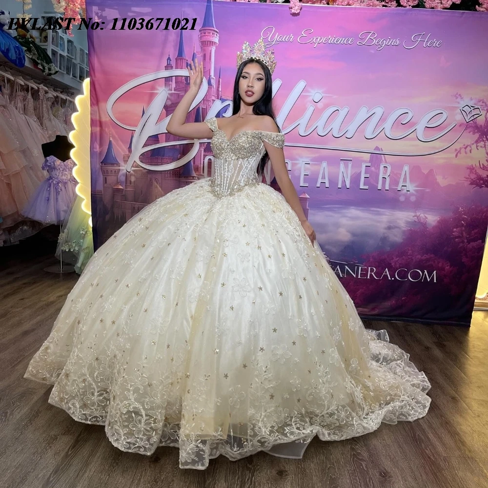 

EVLAST Customized Champagne Quinceanera Dress Ball Gown Floral Lace Applique Beading Corset Sweet 16 Vestidos De 15 Anos SQ572