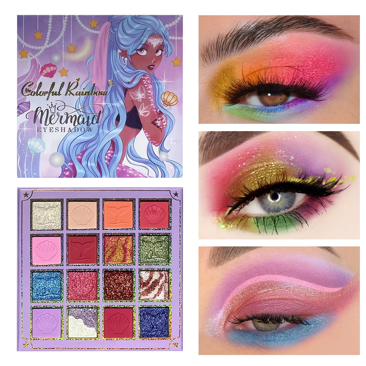 16-Farben-Perlen-Lidschatten-Palette, Regenbogen-Muschelprägung, hochpigmentiert und lichtecht, hochwertige Lidschatten-Palette