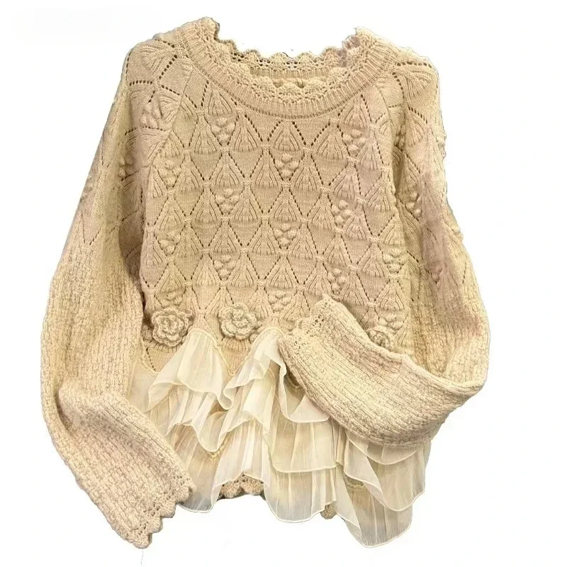 Chic Vintage Knit Sweater Long Sleeve Ruffle Lace-up Autumn Winter Pullover Women Short Tops O-neck 3D Flower Jumper Sweet New