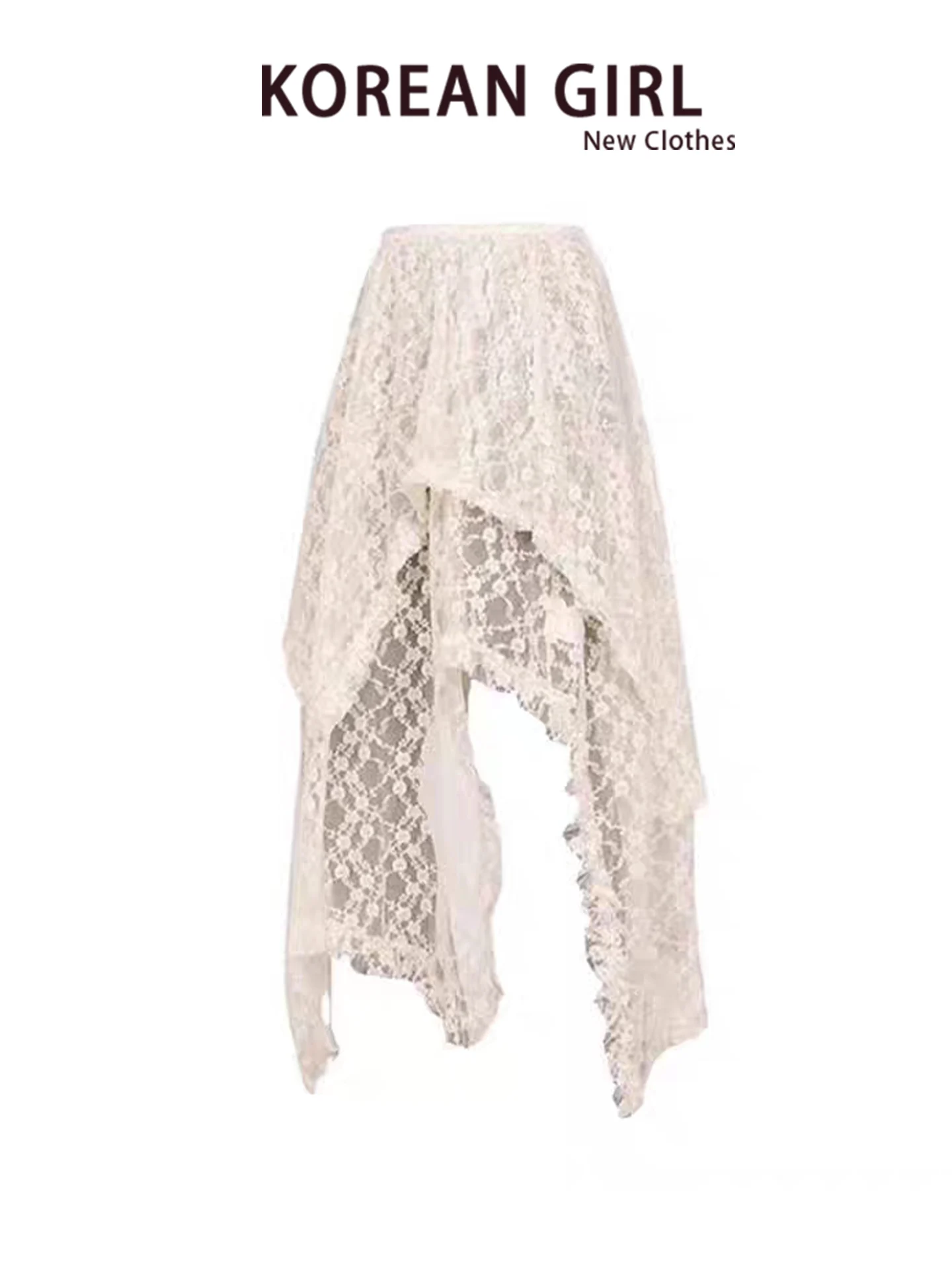 Retro Korean Lace Overlap Midi Skirt Women's Autumn Irregular Design Sense Half Skirt Mesh Apron Mid-Length Skirt