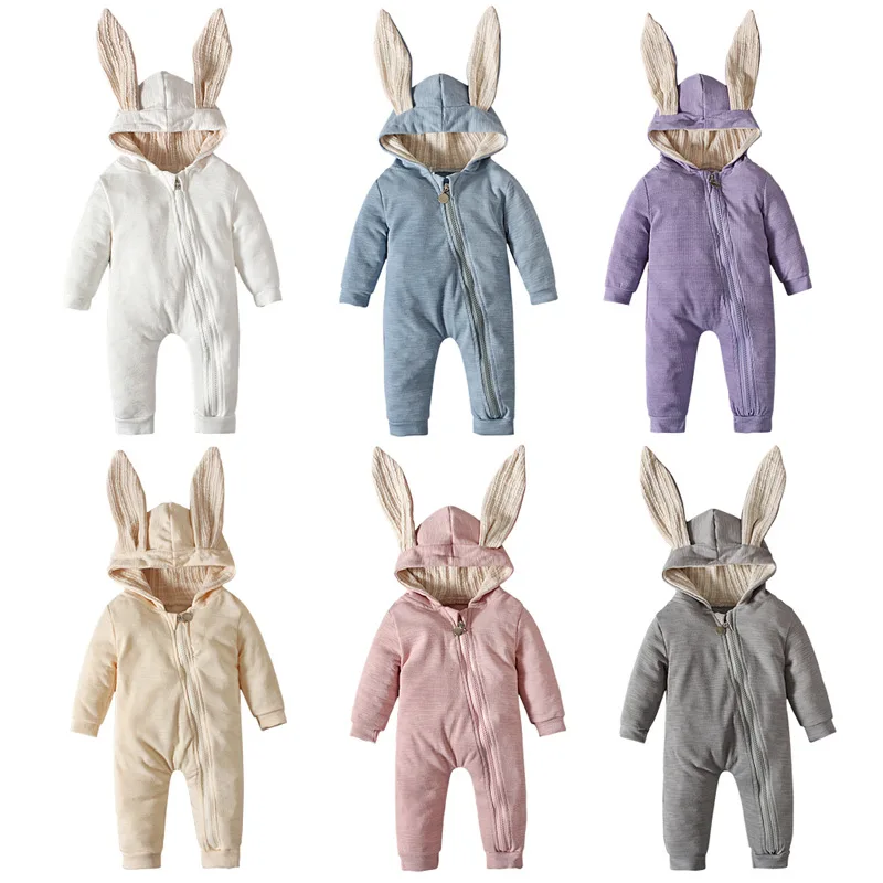 

Qunq Spring & Autumn New Solid Zipper Easter Girls Long Sleeved Bunny Ears Hooded Crawl Rompers Hallow Children's Wear Age 0-1T