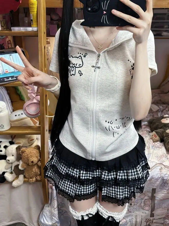 

Cute Cake Skirt Set Summer Subculture Y2K Hooded Top Fluffy Short Skirt Slimming Fit Breathable Short Sleeve Zipper Closure