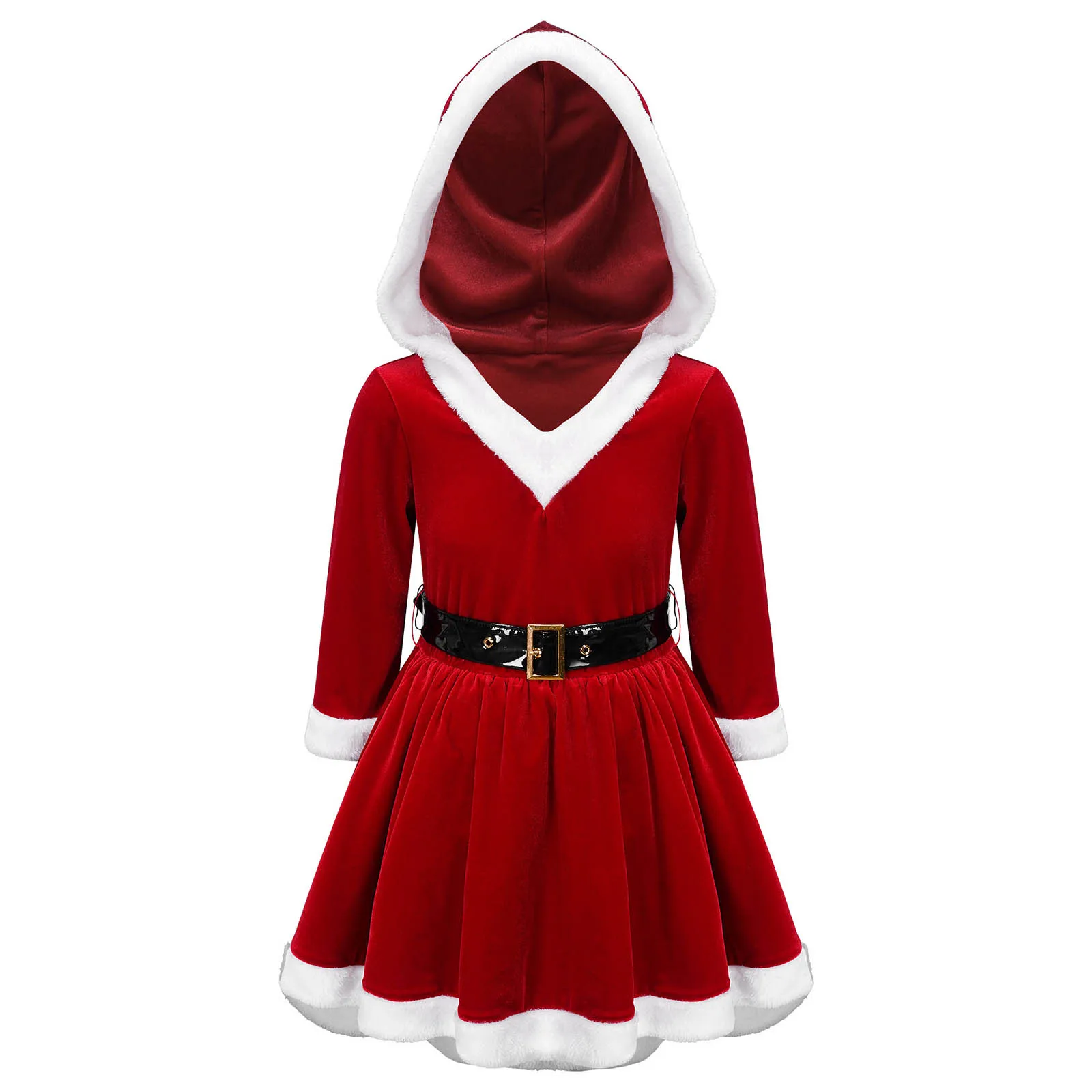 

Kids Girls Christmas Hooded Velvet Dress Mrs. Santa Claus Long Sleeve Warm Dress with Belt Performance Fancy Party Role Play