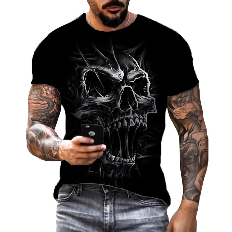 3D Skull Printed Black Streetwear Men\'s T-Shirts Short Sleeve Round-Neck Horror Halloween Man Tops Loose Gothic Round-Neck Tees