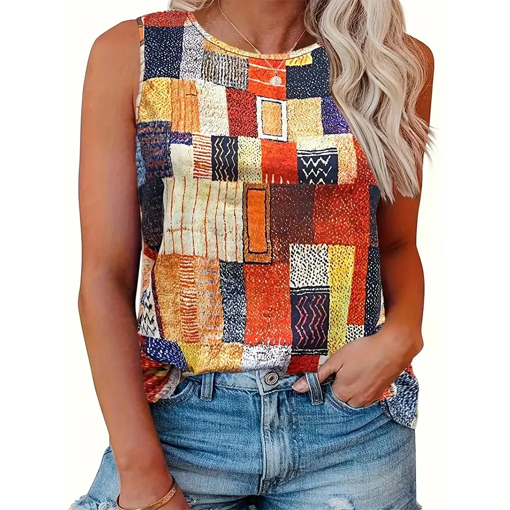 Women's 2024 New Sleeveless Vest Fashionable 3d Block Printed Sleeveless T-Shirts Tees Sportwear Loose Elegant Sleeveless Tops