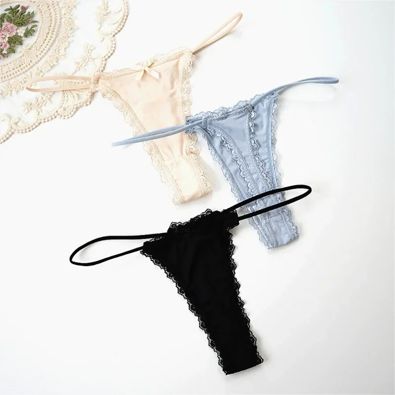 3pcs 2023 Thin Sexy Lace Thongs Breathable Women Underwear Low Waist Cotton Lingerie for Crotch Bow Panties Seamless Briefs