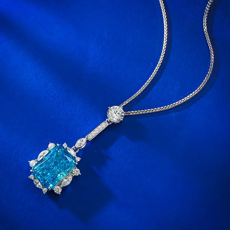 Legit Real 925 Sterling Silver Pendant Necklace Gorgous Radiant Cut Aquamarine Luxury Fashion Jewelry