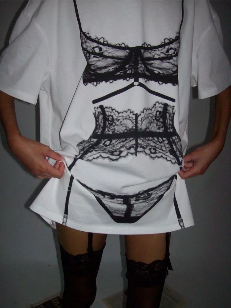 ADAgirl Lace Printed T Shirts Women Sexy Perspective Bikini Oversized Tees Streetwear Short Sleeve Casual Top Aesthetic Clothes