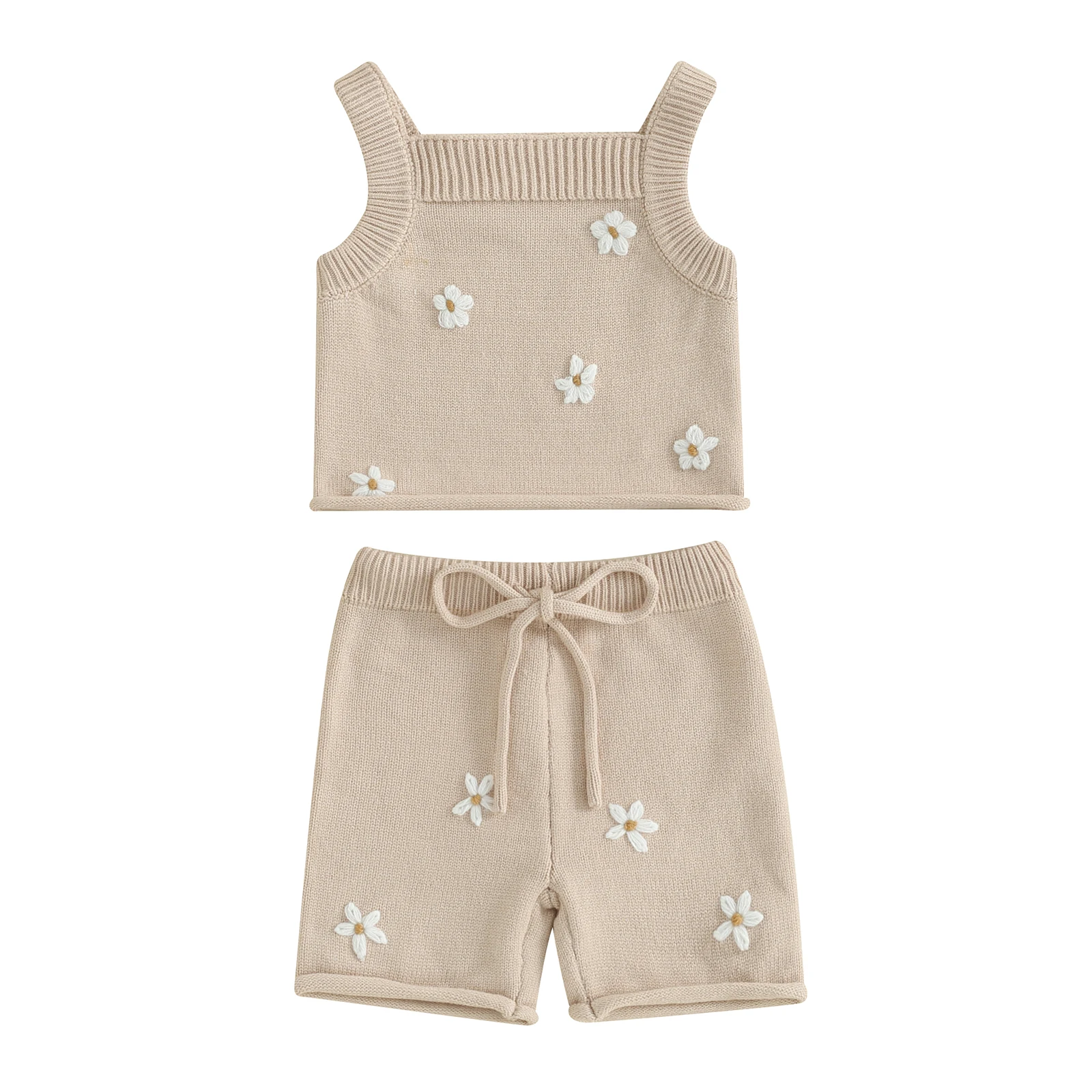 

Baby Girls Summer 2 Piece Outfit Daisy Pattern Knitted Tank Tops and Elastic Shorts Set Fashion Cute Clothes